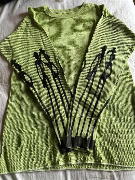 Sweaters - Unisex Lime Green Waffle Knit Long Sleeve Top with Black Graphic Sleeves